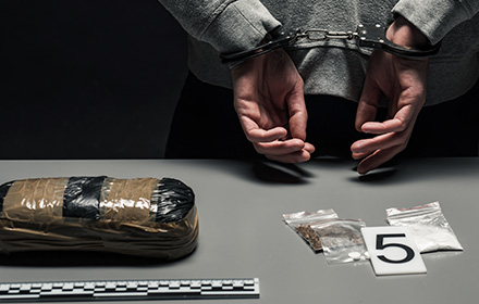 Person in Handcuffs in Front of Different Drug Samples To Represent the Sentences for Drugs