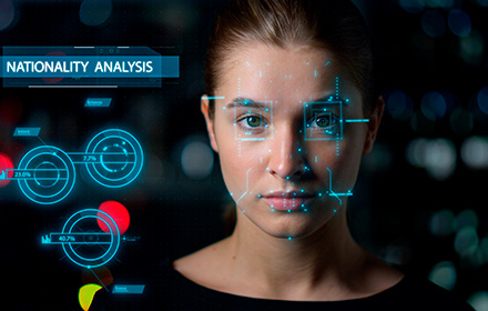 Deepfake of a Young Woman and Digital Icons Representing the Challenges of AI Technology