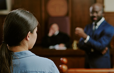 Back of a Defendant's Head As She Faces Defense Lawyer During a Trial